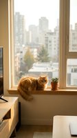 Fluffy ginger cat sitting on a sunny apartment windowsill with a small succulent, overlooking a city skyline in warm natural light.