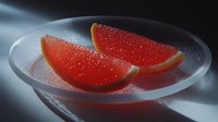 Fresh grapefruit wedges with water drops in glass bowl on dark background with dramatic lighting and soft shadows, food photography styling.