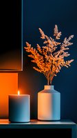 Minimalist home decor with white ceramic vase holding dried orange flowers and burning candle against dark wall, illuminated by warm ambient lighting.