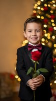 Adorable young boy in formal black tuxedo with burgundy bow tie holding red rose against Christmas tree bokeh lights background for holiday celebrations.