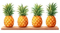 Fresh ripe pineapples arranged in row on wooden cutting board, vibrant yellow tropical fruits with green leaves, isolated on white background for food design.