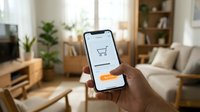 Hand holding smartphone with shopping cart app on screen in cozy living room interior, online shopping and e-commerce concept.