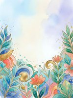 Watercolor floral border with colorful flowers, leaves, and gold accents on soft pastel background. Isolated design element for invitations, greeting cards, and creative projects.