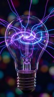Electric lightbulb with purple and blue plasma energy streams radiating outward against colorful bokeh background for innovation and creativity concepts.
