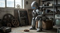 Humanoid robot sitting pensively in vintage workshop surrounded by old film reels, mechanical equipment and retro electronics in dusty industrial setting.