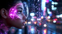 Young woman profile with glowing neon pink cybernetic elements against blurred night city lights background, futuristic aesthetic with bokeh effect and digital art elements.