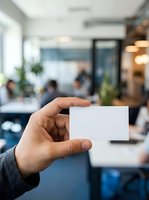 Businessman holding blank white business card in modern office environment with colleagues working in background.