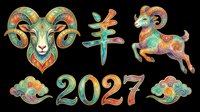 Aries ram head with ornate horns, decorative cross, leaping goat, colorful clouds, and 2027 numerals in vibrant turquoise, orange, and gold patterns. Isolated on transparent background, ready for t-shirt design, stickers, sublimation, print-on-demand products, and clipart use.