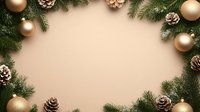 Festive frame with golden Christmas ornaments, pine cones and evergreen branches on beige background. Copy space for seasonal holiday greeting cards and designs.