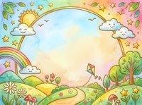 Whimsical pastoral landscape with sun, rainbow, clouds, stars, and rolling hills featuring trees, flowers, and kite in soft watercolor style, isolated on white background for children's designs, nursery decor, and educational materials.