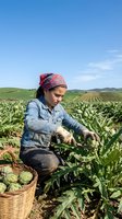 Young female farmer harvesting fresh artichokes in organic field wearing denim jacket and red bandana under blue sky for sustainable agriculture concept.