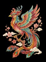 Ornate phoenix bird with vibrant red, gold, and teal plumage, decorative flourishes and blossoms, isolated on transparent background. Ready for t-shirt design, clipart, stickers, sublimation and print-on-demand projects.