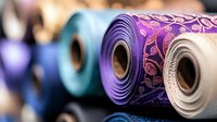 Colorful fabric rolls in purple, blue and neutral tones stacked together, textile materials for sewing, crafting and fashion design projects in workshop.