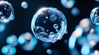 Transparent water bubbles floating in dark blue space with glowing highlights and bokeh effect. Perfect for cosmetic products, cleansing, or underwater themes.