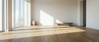 Empty modern living room with wooden floor, large windows casting natural light, and minimalist decor for interior design projects.