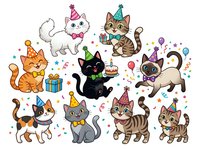 Cute cats wearing colorful party hats celebrating with balloons, gifts, and confetti. Isolated cartoon kittens in various colors and patterns perfect for children's designs, invitations, and festive projects.