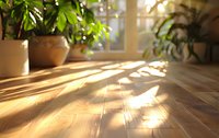 Warm sunlight streaming through window creates dramatic shadows on wooden floor, with potted green plants silhouetted against natural morning light rays.