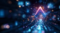 Glowing neon triangle with light rays and particles on dark background with blue bokeh effect creates futuristic technological atmosphere.