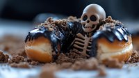 Playful Halloween cream puffs decorated with chocolate glaze and cookie crumbs, featuring miniature skeleton decoration emerging from sweet treats.