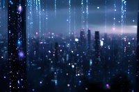 Glowing digital rain effect over blurred city skyline at night with bokeh lights creating futuristic cyberpunk atmosphere for technology backgrounds.