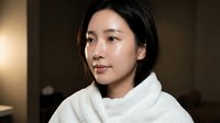 Young Asian woman in white turtleneck sweater looking away thoughtfully with warm lighting creating cozy atmosphere for lifestyle and fashion content.