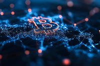 Glowing bitcoin symbol connected by digital network lines on dark background with blue and orange bokeh lights, representing cryptocurrency technology.