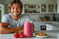 Young athletic Caucasian man with curly hair smiling in kitchen with fresh strawberry smoothie, granola and berries on white counter, healthy lifestyle concept.