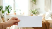 Cropped hand holding blank white card in bright living room with potted plants and natural window light, suitable for mockups, advertising, and promotional designs.