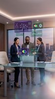 Business professionals analyzing holographic data displays in modern conference room with city skyline view during strategic planning meeting.