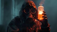 Person in protective gear and gas mask examining glowing orange liquid in glass bottle against dark atmospheric background. Dramatic sci-fi mood.