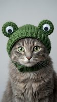 Adorable tabby cat wearing green knitted frog hat with googly eyes, funny pet costume for social media content and greeting cards.