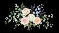 Watercolor flower arrangement with cream roses, blush pink blooms, lavender sprigs, and eucalyptus foliage isolated on transparent background. Ready for t-shirt designs, clipart, stickers, sublimation, and print-on-demand projects.
