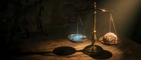 Golden scales of justice balancing brain and earth on wooden surface against dark textured wall symbolizing environmental law and planetary responsibility.