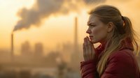 Young Caucasian woman in red coat looking concerned at industrial chimneys emitting smoke during sunset, environmental pollution and climate change concept.