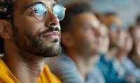 Young Middle Eastern man with glasses and beard wearing yellow hoodie looking up attentively during presentation or lecture, with diverse audience in background.