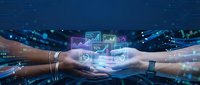 Business professionals sharing digital financial data with holographic charts and graphs floating between hands in futuristic technology concept.