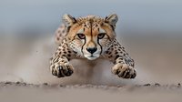 Cheetah leaping over ground with paws extended forward, intense facial expression and spotted coat visible against blurred natural background, action wildlife shot.