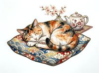 Tabby cat resting on decorative Asian cushion with cherry blossoms and teapot, isolated on white background for design projects and merchandise applications.