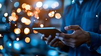 Person using smartphone at night with glowing bokeh lights creating magical atmosphere. Dark blue tones and warm golden illumination create moody ambiance.
