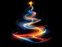 Glowing spiral light trails form abstract Christmas tree shape with orange and blue luminous waves against dark background, sparkling magical holiday effect.