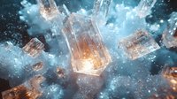 Glowing crystal fragments floating in mystical blue atmosphere with light bursts and particles, creating magical ethereal environment for fantasy and spiritual designs.