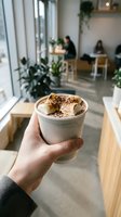 Hand holding hot chocolate with marshmallows and cocoa powder in modern cafe with natural lighting and plants creating cozy atmosphere for social media content.