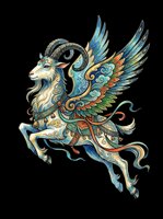 Ornate winged goat with decorative patterns, isolated on transparent background. Ready for t-shirt design, clipart, stickers, sublimation, and print-on-demand products.