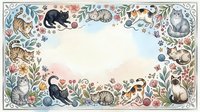 Decorative floral border frame with cute cats and kittens in watercolor style. Copy space for text in center. Pet themed design for greeting cards.