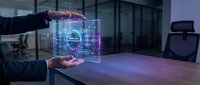 Businessman hands presenting holographic brain with digital neural networks in modern office environment for artificial intelligence and technology concepts.