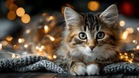 Adorable tabby kitten with bright blue eyes lying on cozy knitted blanket with warm bokeh lights creating magical holiday atmosphere for pet photography.