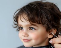 Young child with curly brown hair and bright eyes smiling while getting haircut at salon. Close-up portrait showing natural expression and professional styling process.