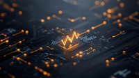 Glowing lightning bolt symbol on dark circuit board with orange connection points, representing digital technology and electronic power concept.