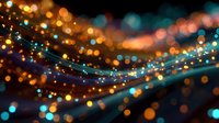 Abstract glowing light waves with golden and teal bokeh effect against dark background, creating magical atmospheric illumination.