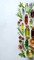 Essential oils in glass bottles with fresh herbs, spices and aromatherapy ingredients arranged on white background for natural wellness and spa treatments.